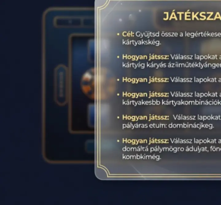 Átlátható játékszabályokat mutató elegáns, sötétkék és arany játékképernyő