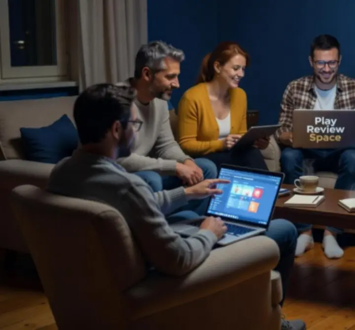 Magyar nyelvű felelősségteljes játéküzeneteket ábrázoló grafika Play Review Space stílusban.